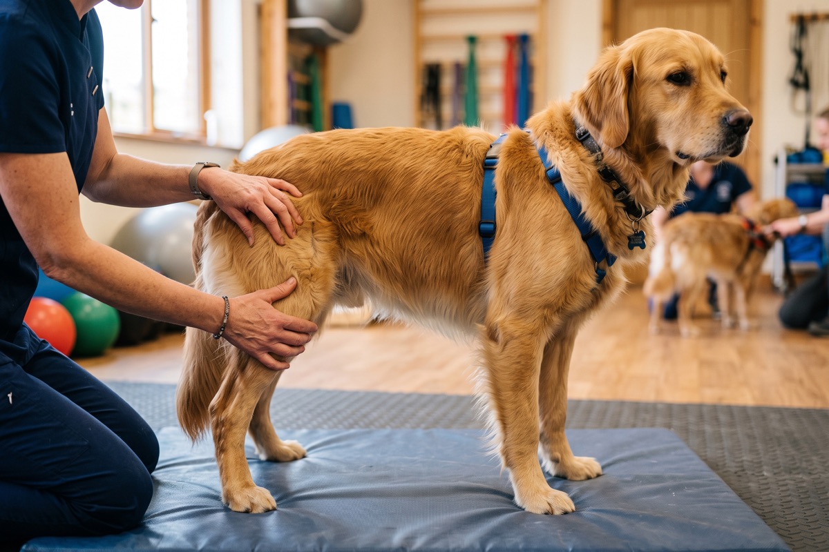 Canine physiotherapy — hands-on hind leg treatment for a golden retriever